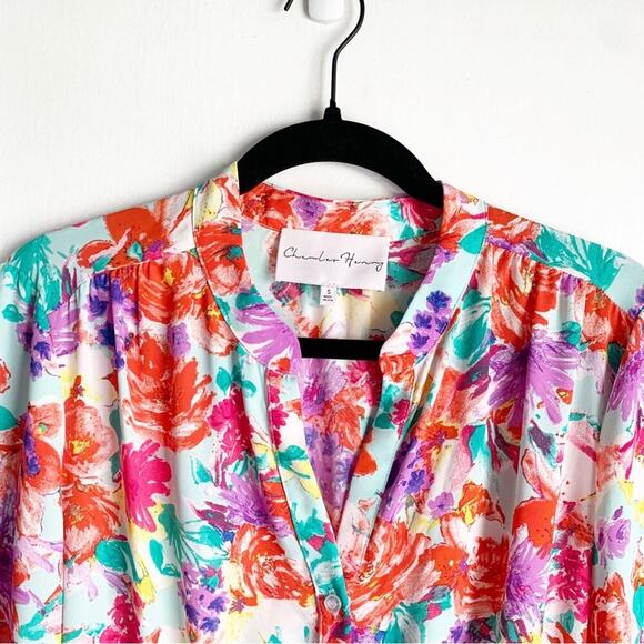 Charles Henry Bright Colorful Floral Button Top Elastic Waist Dress Size Small S - Picture 2 of 12
